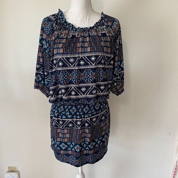 Revolve Misa Los Angeles Poppy Off Shoulder Aztec Navy Midnight Desert Dress SM - Picture 3 of 11
